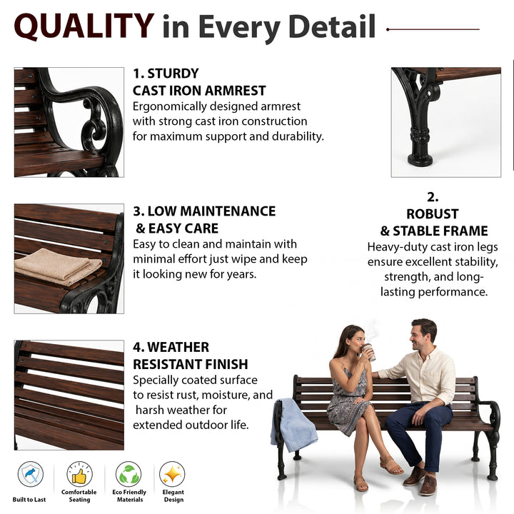 Ruben Cast Iron 3 Seater Garden Bench for Outdoor Park - (Brown)