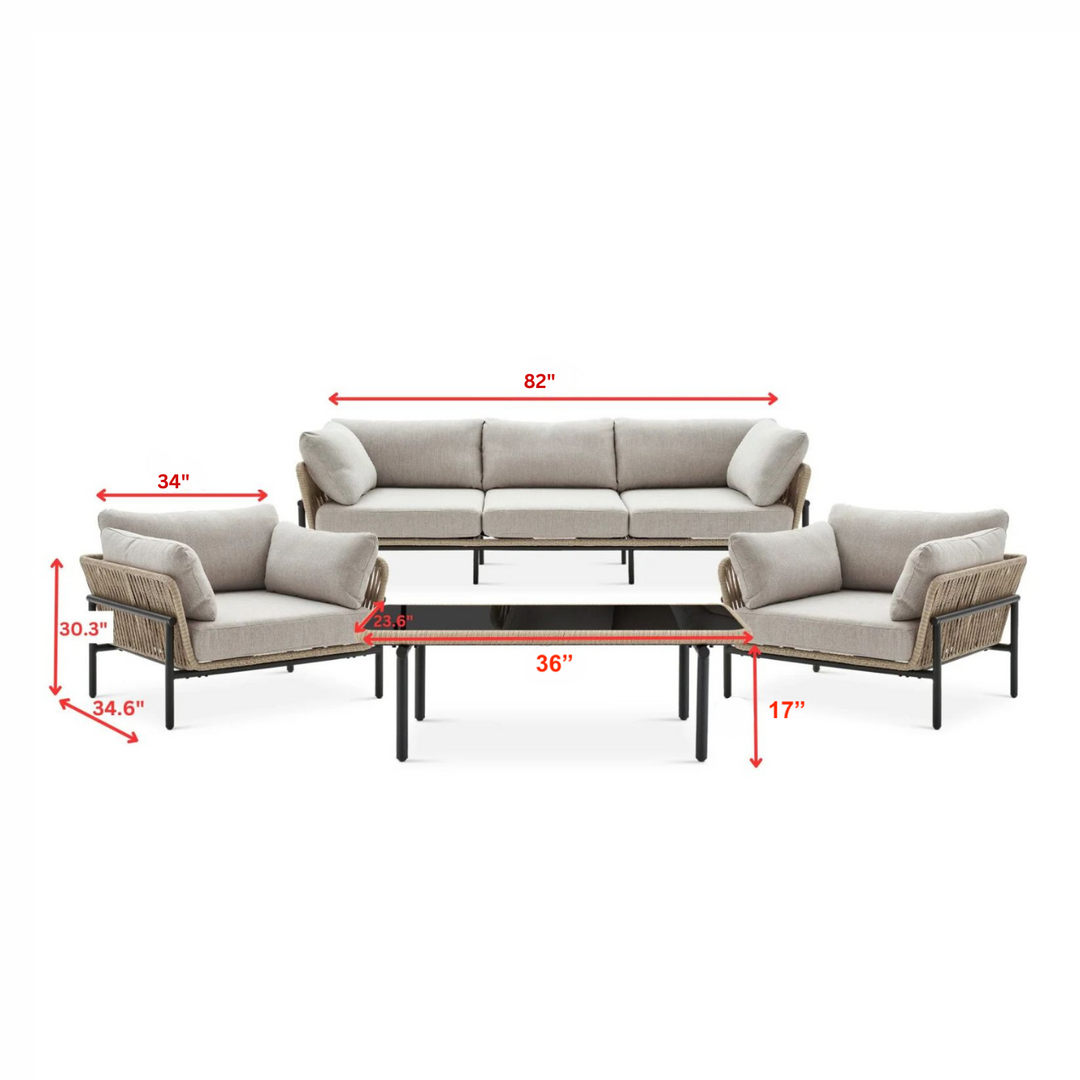 Arturo Outdoor Garden Balcony Sofa Set 3 Seater , 2 Single Seater and 1 Center Table Set Braid & Rope (Beige)