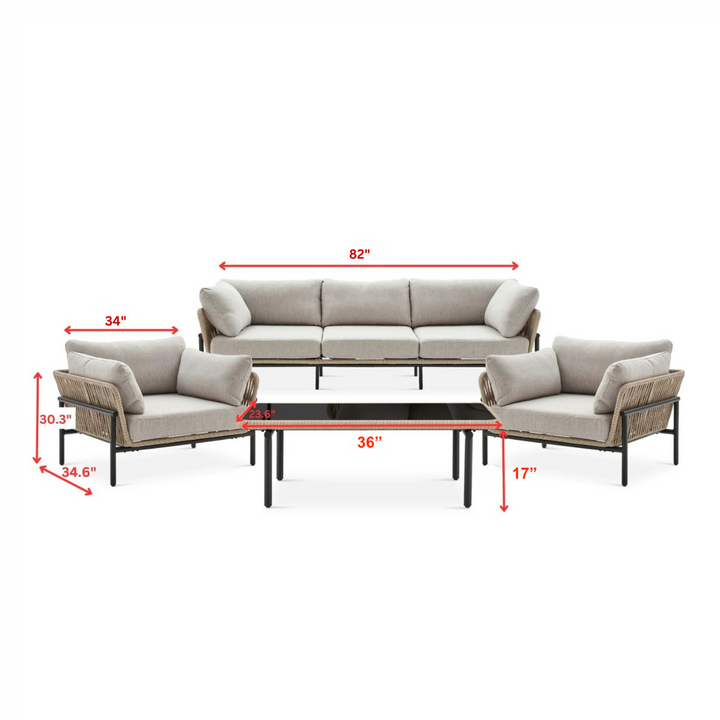 Arturo Outdoor Garden Balcony Sofa Set 3 Seater , 2 Single Seater and 1 Center Table Set Braid & Rope (Beige)