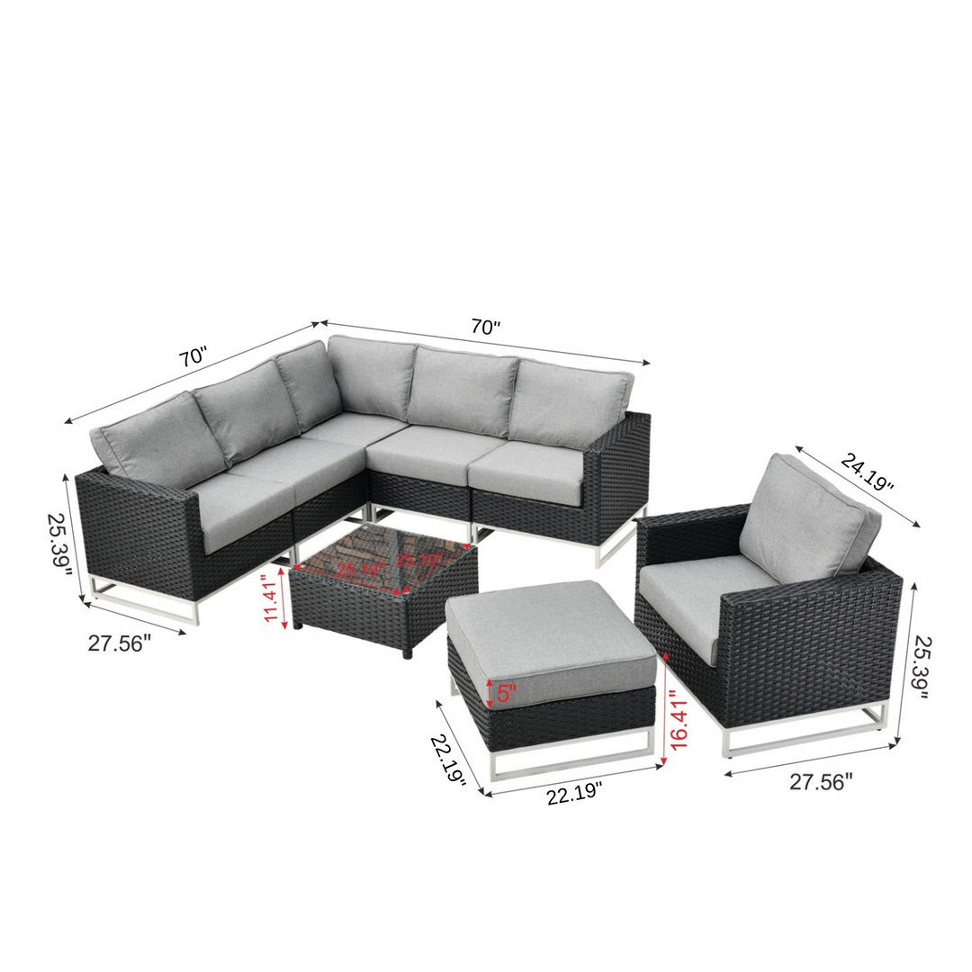 Slue Outdoor Sofa Set 5 Seater , Single seater With Ottoman and 1 Center Table Set (Black)