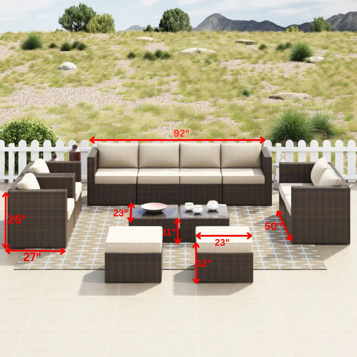 Olivier Outdoor Sofa Set 4 Seater ,2 Seater, 2 Single Seater and 2 Center Table with 2 Ottoman Set (Brown +Cream)