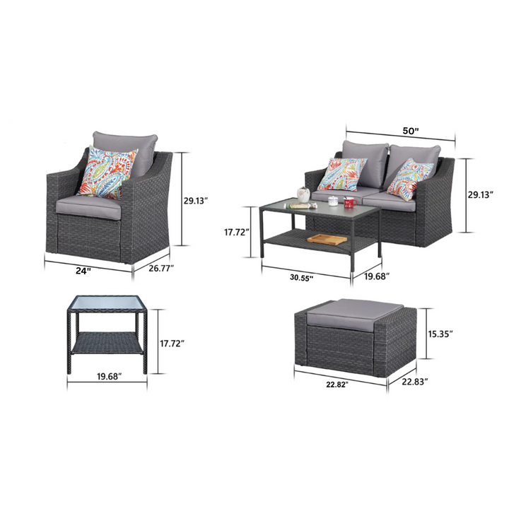 Tress Outdoor Garden Balcony Sofa Set 2 Seater, 2 Single seater With 2 Ottoman, 1 Center Table, 1 Side Table Set (Black)