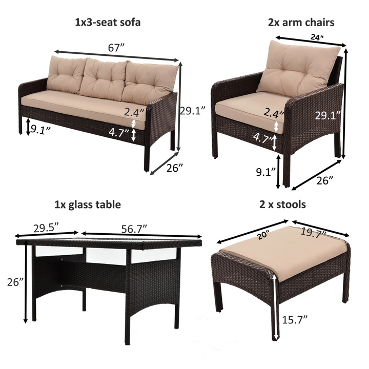 BienMate Outdoor Garden Balcony Sofa Set 3 Seater, 2 Single seater, 2 Ottoman and 1 Center Table Conversation Set (White + Tan)