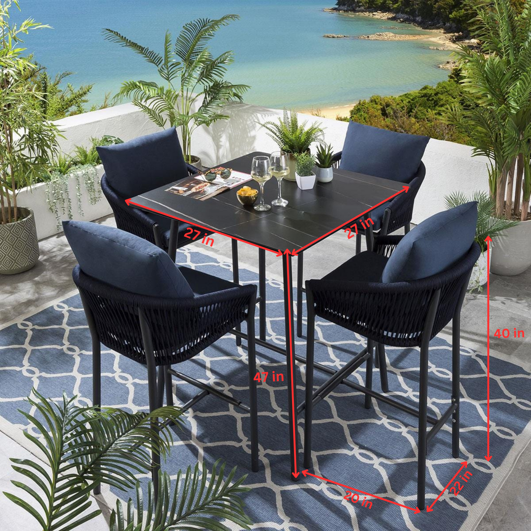 Olalla Outdoor Patio Bar Set 4 Chairs and 1 Table Set (Blue) Braided & Rope