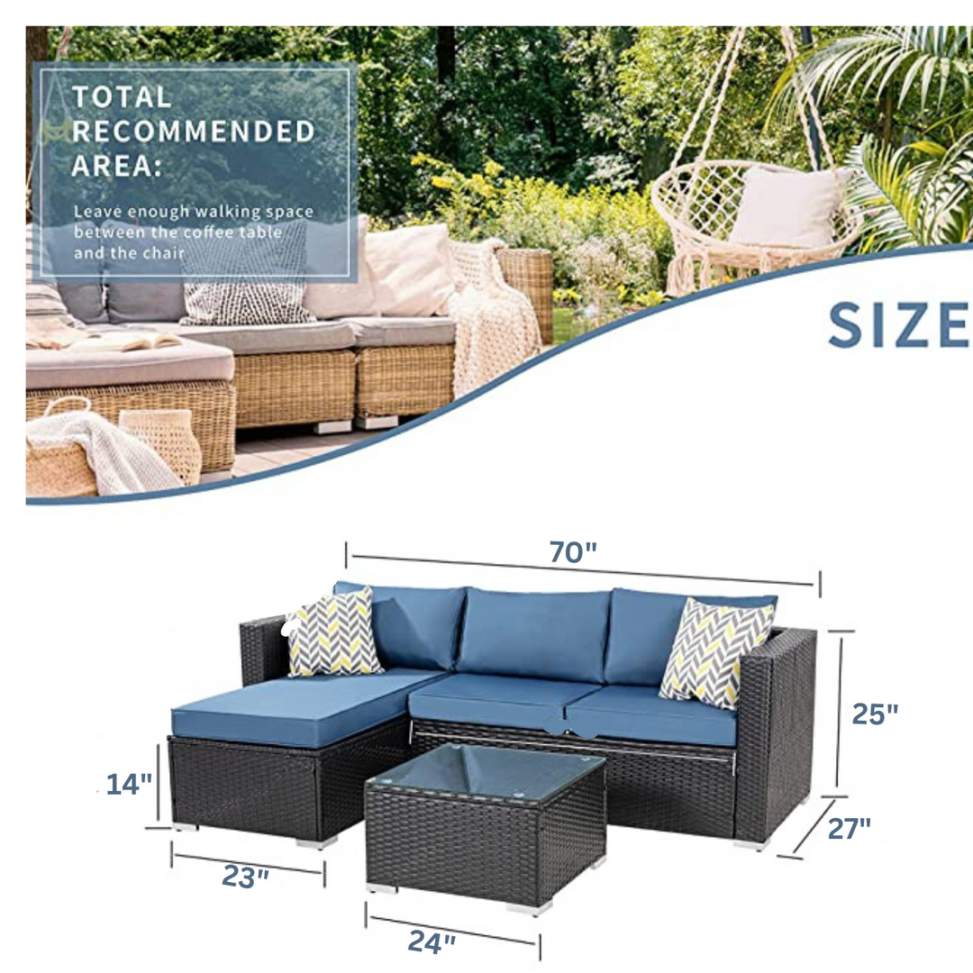 Kelo Outdoor Patio Sofa Set Seater ottoman and Center Table Set (Black Navy Blue)