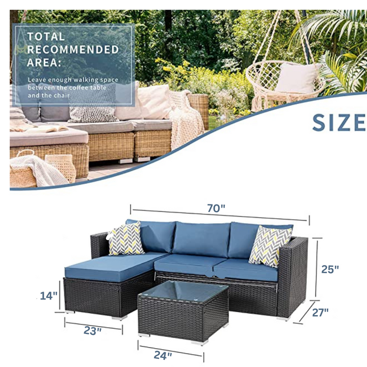 Kelo Outdoor Patio Sofa Set 3 Seater , 1 ottoman and 1 Center Table Set (Black + Navy Blue)