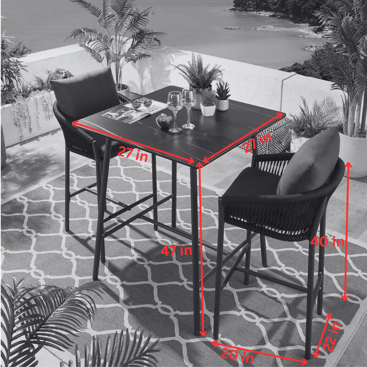 Teófila Outdoor Patio Bar Set 2 Chairs and 1 Table Set Braided & Rope