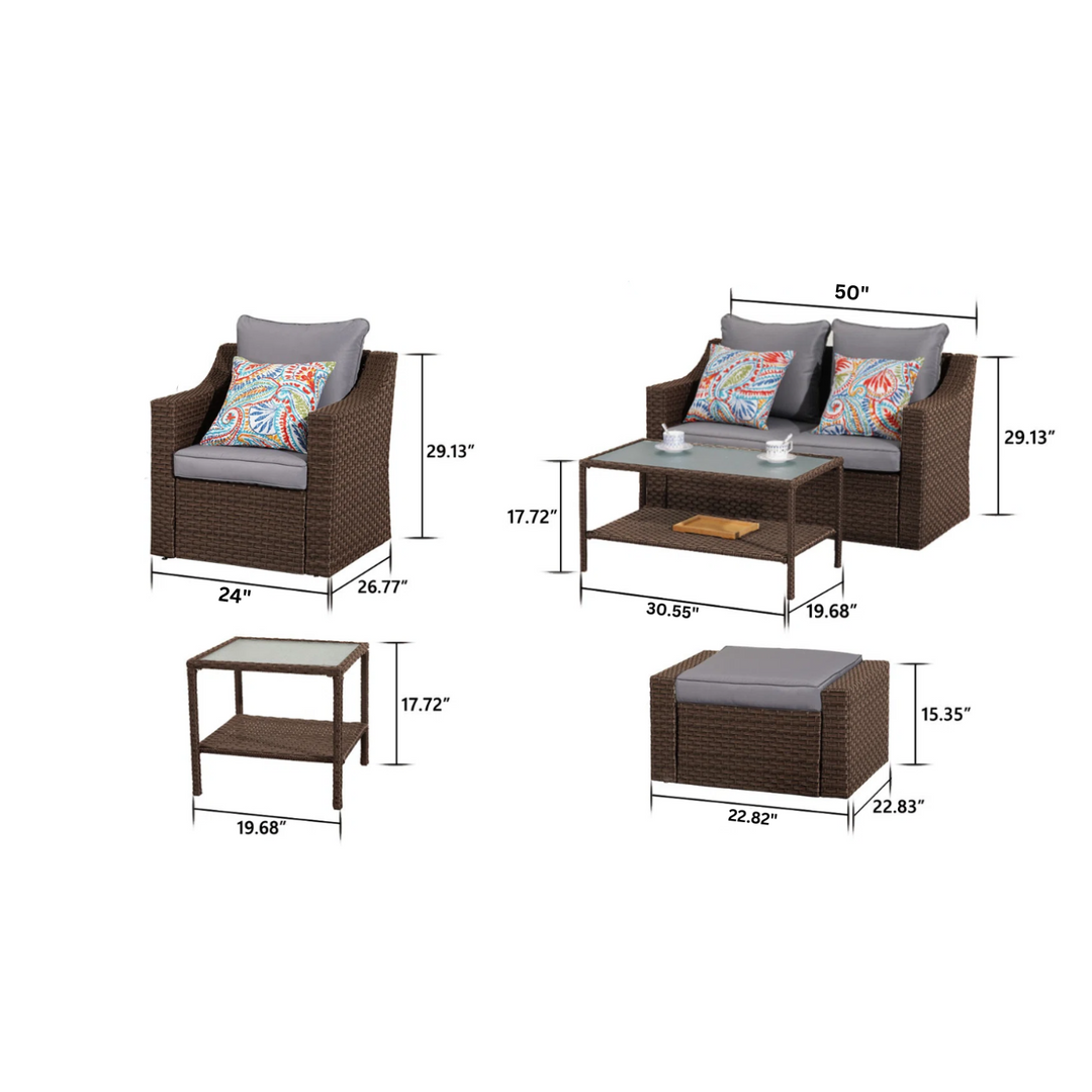 Ration Outdoor Garden Balcony Sofa Set 2 Seater, 2 Single seater With 2 Ottoman and 1 Center Table, 1 Side Table Set (Dark Brown)