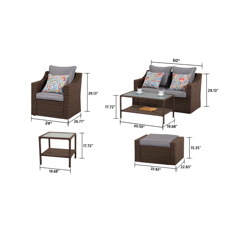 Ration Outdoor Garden Balcony Sofa Set 2 Seater, 2 Single seater With 2 Ottoman and 1 Center Table, 1 Side Table Set (Dark Brown)