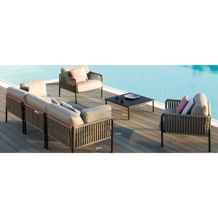 Rook Outdoor Garden Balcony Sofa Set 3 Seater , 2  Single Seater 1 Center Table Set, Braided Rope (Tan)