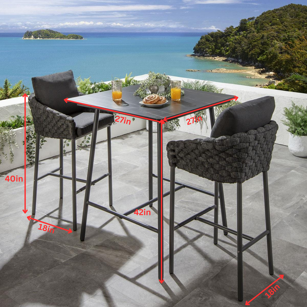 Evita Outdoor Patio Bar Set 2 Chairs and 1 Table Set Braided & Rope (Black)