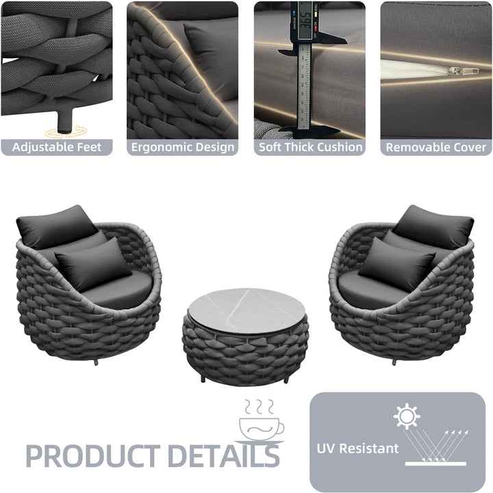 Outlee Outdoor Patio Seating Set 2 Chairs and 1 Table Set Braided & Rope