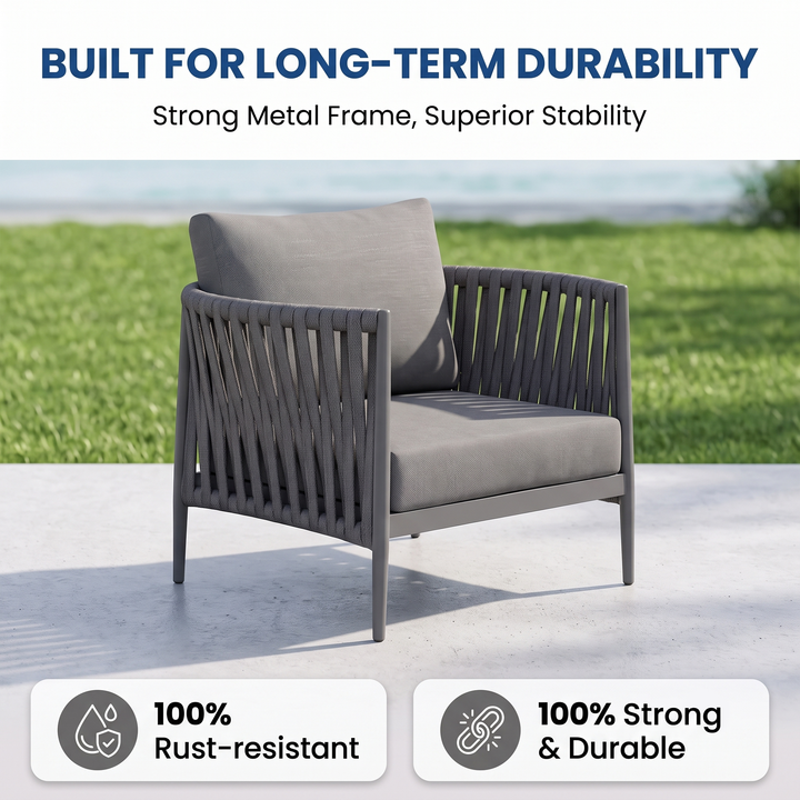 Pablo Outdoor Garden Balcony Sofa Set 3 Seater, 2 Single seater and 1 Table Set Braid & Rope (Dark Grey)