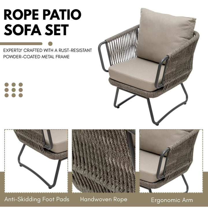 Pinon Outdoor Garden Balcony Sofa Set 2 Seater , 2 Single Seater 1 Center Table Set (Beige) Braided and Rope