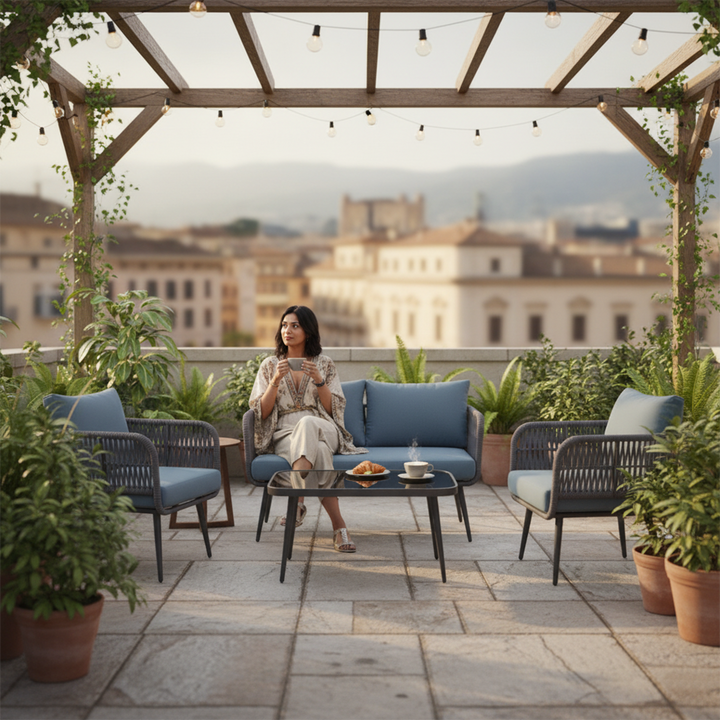 Polari Outdoor Garden Balcony Sofa Set 2 Seater , 2 Single Seater 1 Center Table Set (Grey) Braided and Rope