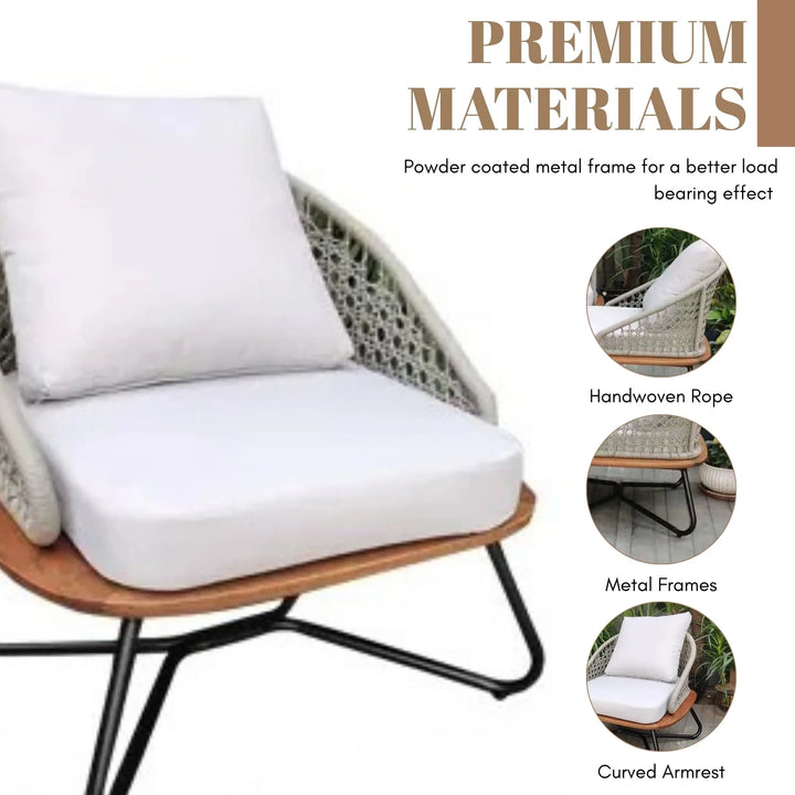 Noa Outdoor Patio Seating Set 2 Chairs and 1 Table Set (White) Braided And Rope