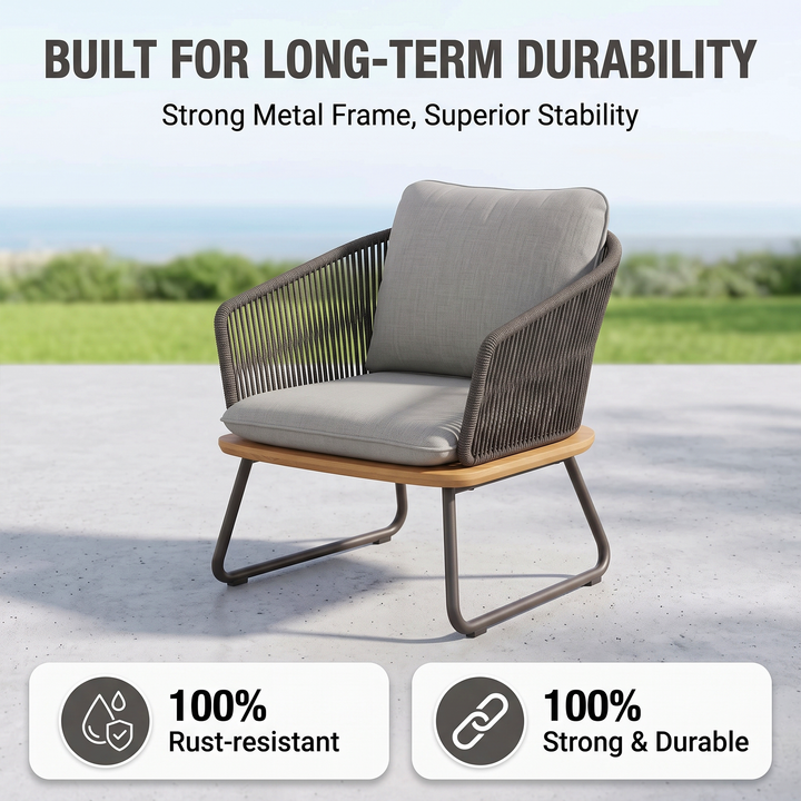 Reevo Outdoor Garden Balcony Sofa Set 2 Seater , 2 Single Seater 1 Center Table Set (Dark Grey) Braided and Rope