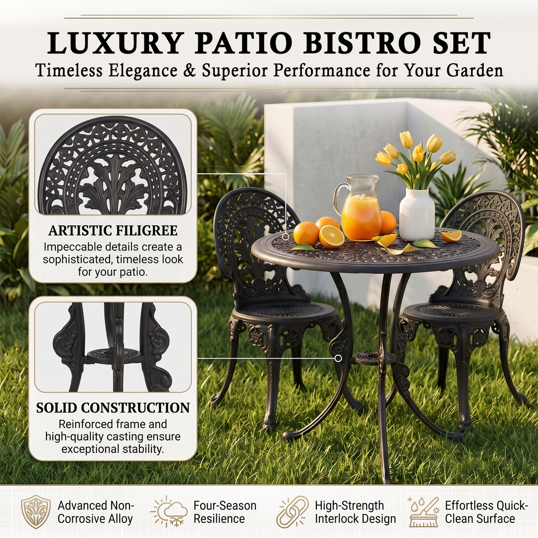 Nikola Cast Aluminium Garden Patio Seating 4 Chair and 1 Table Set (Black)
