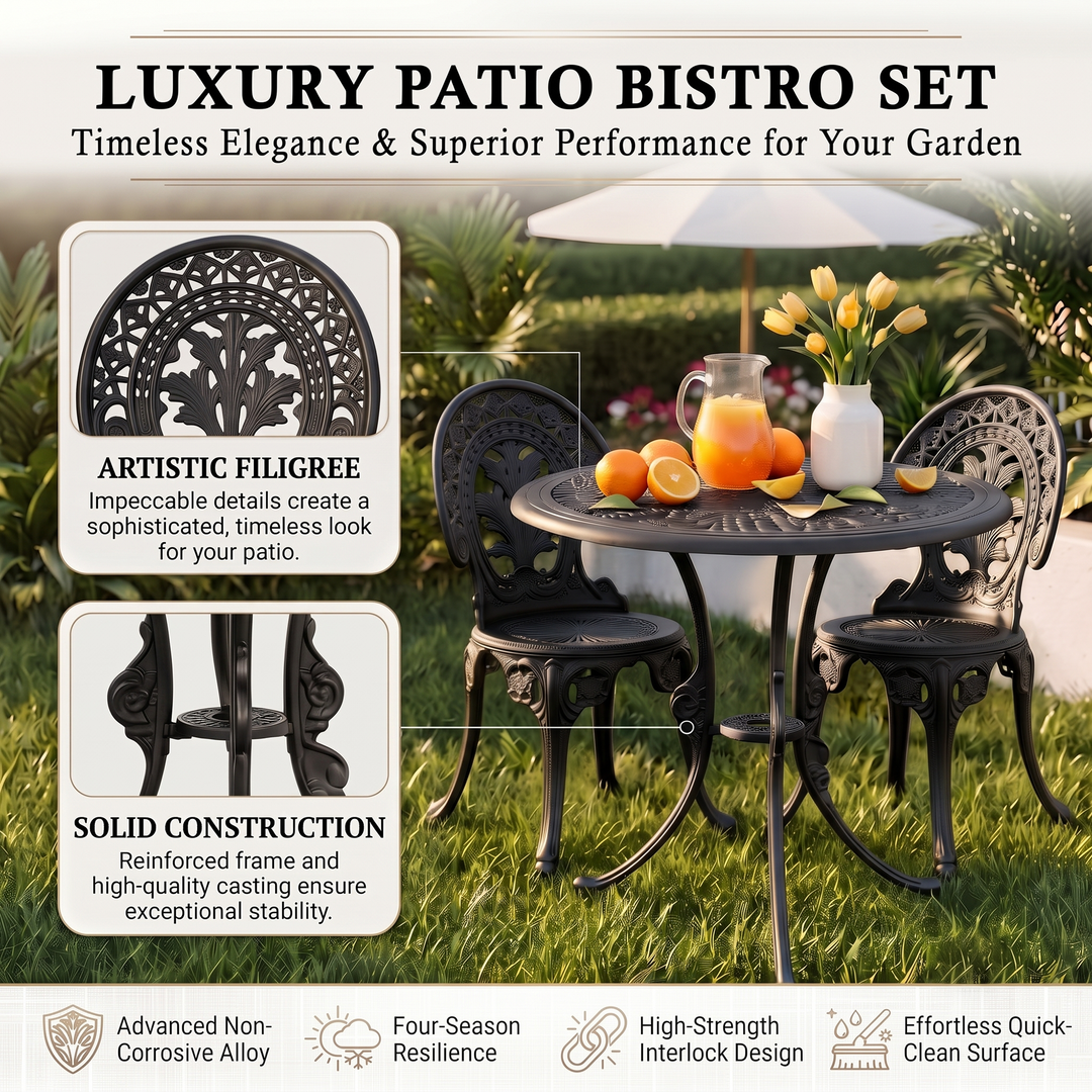 Ziska Cast Aluminium Garden Patio Seating 2 Chair and 1 Table Set (Black)