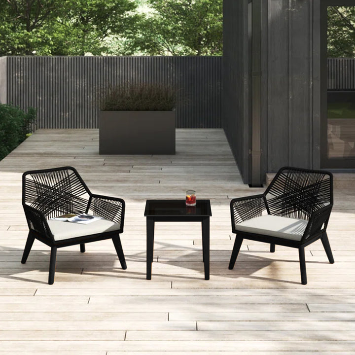 Elicia  Outdoor Patio Seating Set 2 Chairs and 1 Table Set (Black) Braided & Rope