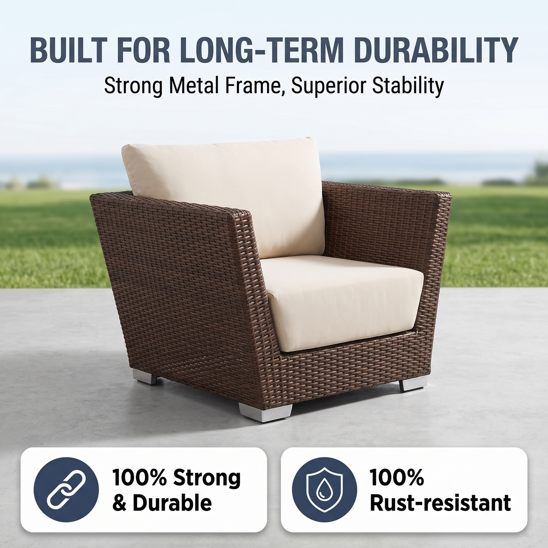 Reflin Outdoor Garden Balcony Sofa Set 2 Seater , 2 Single Seater and 1 Center Table With 1 Side Table Set (Brown + Beige)