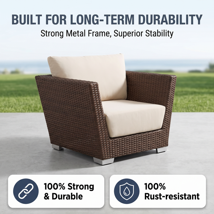 Reflin Outdoor Garden Balcony Sofa Set 2 Seater , 2 Single Seater and 1 Center Table With 1 Side Table Set (Brown + Beige)