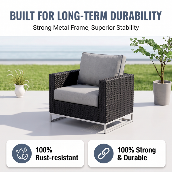Slue Outdoor Sofa Set 5 Seater , Single seater With Ottoman and 1 Center Table Set (Black)