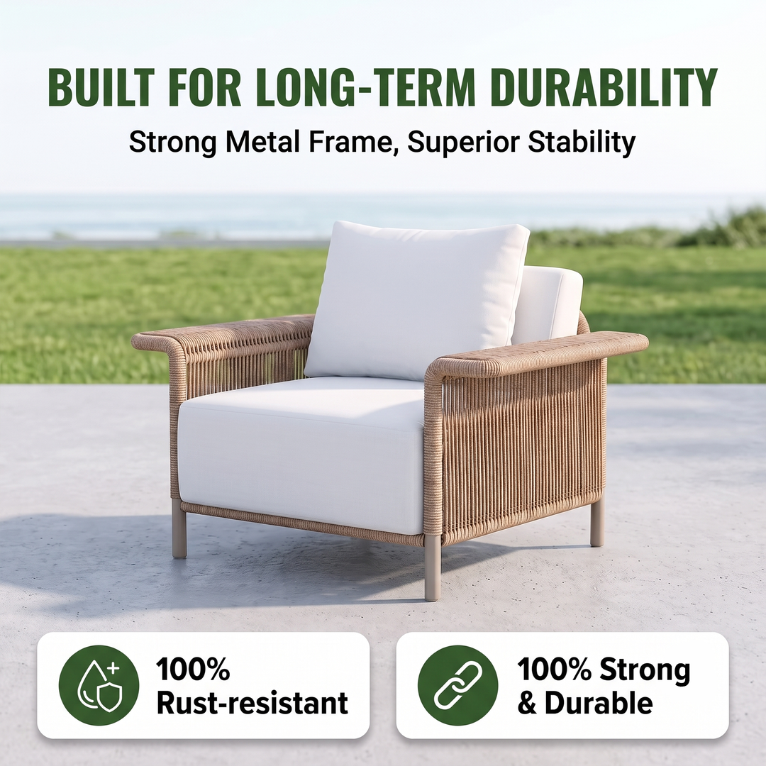 Parlak Outdoor Garden Balcony Sofa Set 2 Seater, 2 Single seater and 1 Center Table  Set (Beige) Braided & Rope
