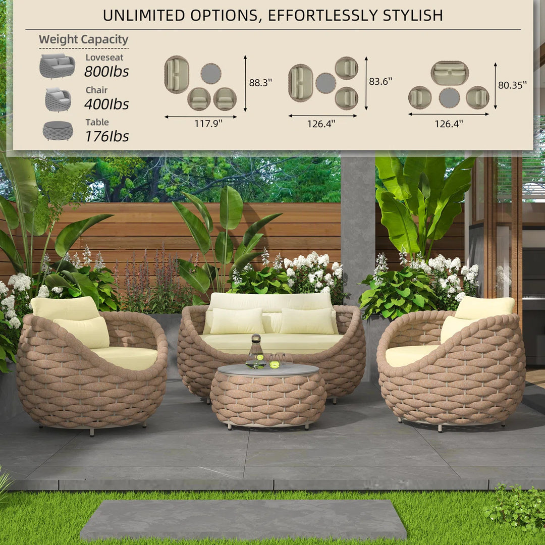 Equo Outdoor Sofa Set 2 Seater, 2 Single seater and 1 Center Table (Beige) Braided & Rope