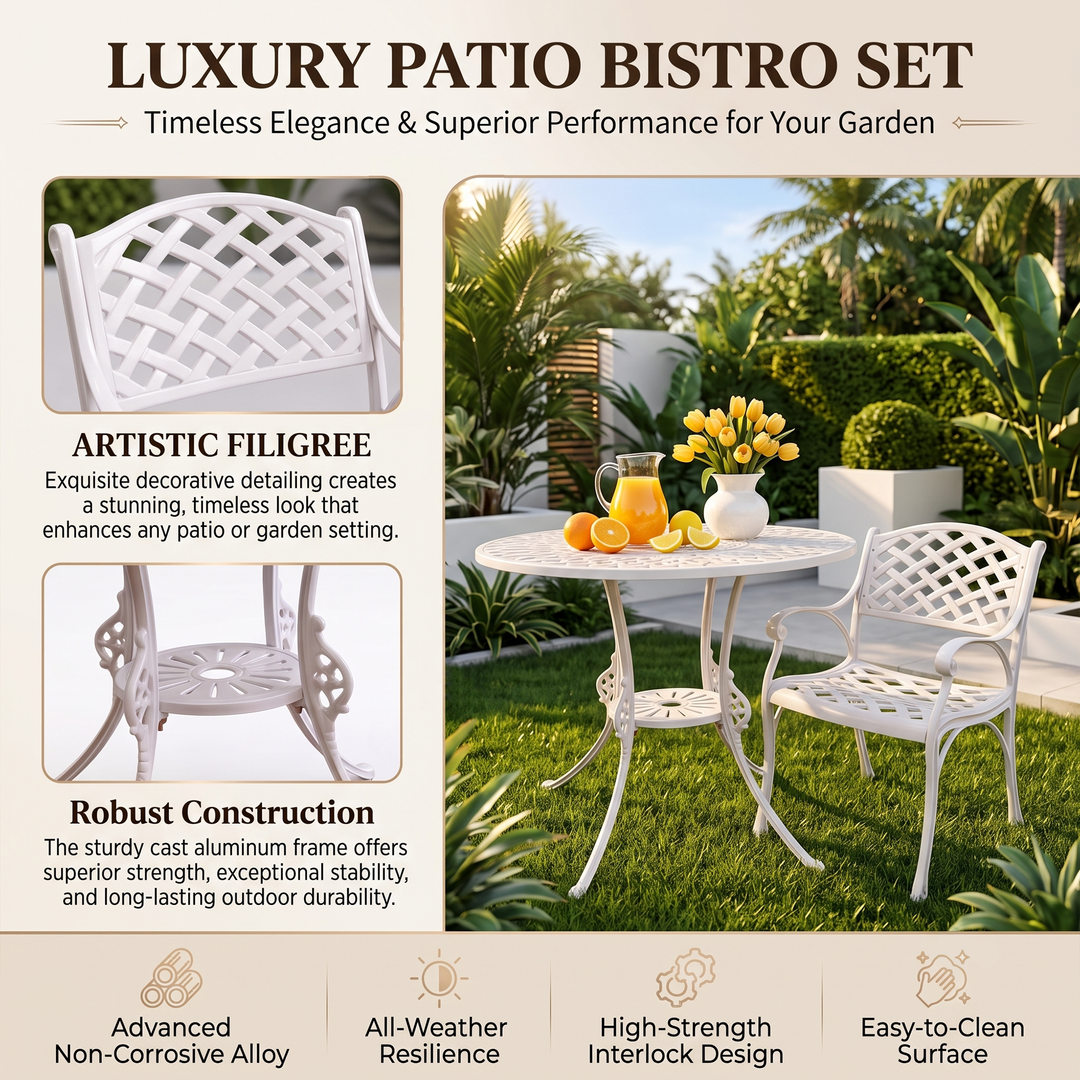 Marino Cast Aluminium Garden Patio Seating 3 Chair and 1 Table Set