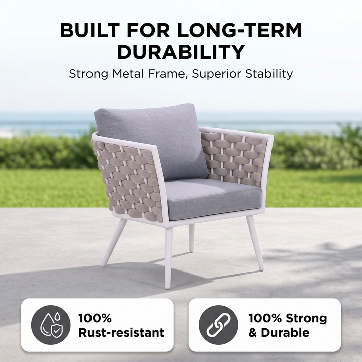 Pozen Outdoor Garden Balcony Sofa Set  2 Seater, 2 Single seater and 1 Center Table Set, Braid & Rope (White)