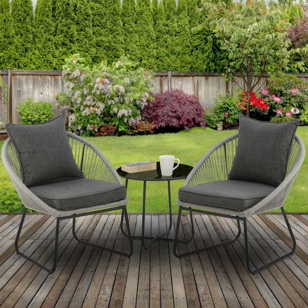 Neva Outdoor Patio Seating Set 2 Chairs and 1 Table Set (Grey) Braided & Rope