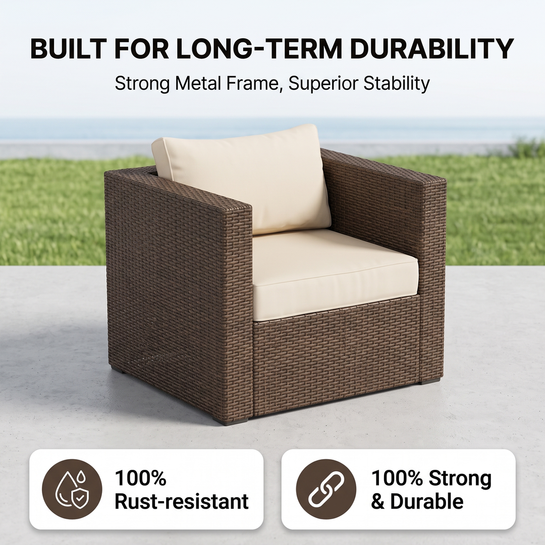 Olivier Outdoor Sofa Set 4 Seater ,2 Seater, 2 Single Seater and 2 Center Table with 2 Ottoman Set (Brown +Cream)