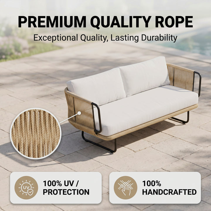 Hancy Outdoor Sofa Set 6 Seater , 2 Ottoman and 1 Center Table + 1 side table Set  (Tan + Beige) Braided & Rope
