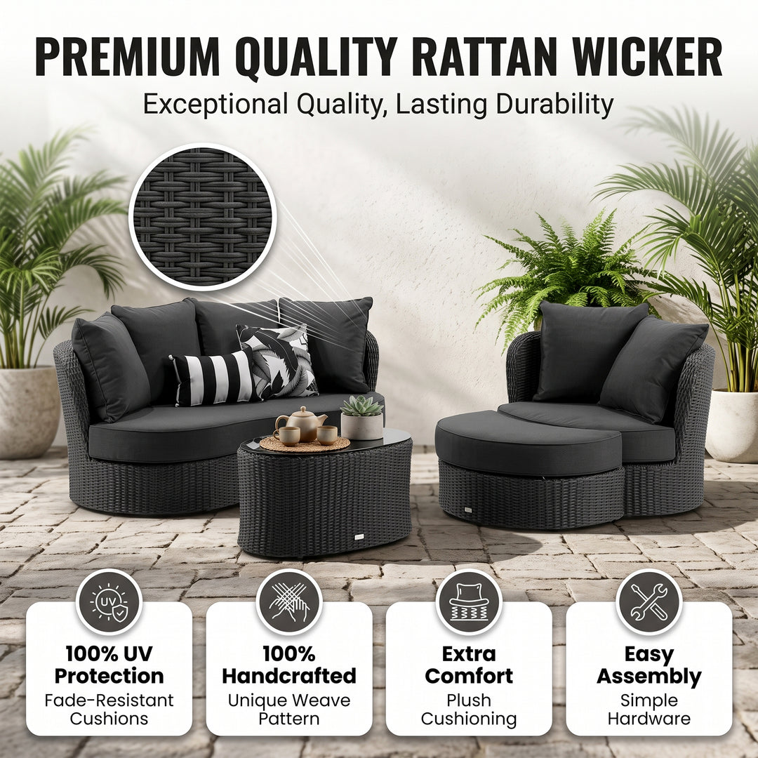 Comox Outdoor Garden Balcony Sofa Set 2 Seater, Single seater and 1 Center Table with Ottoman Set (Black)