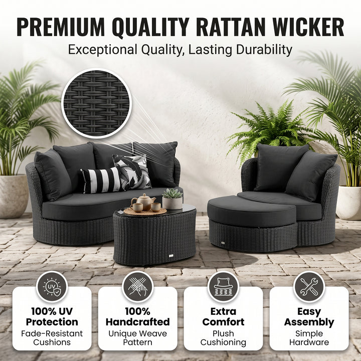 Comox Outdoor Garden Balcony Sofa Set 2 Seater, Single seater and 1 Center Table with Ottoman Set (Black)