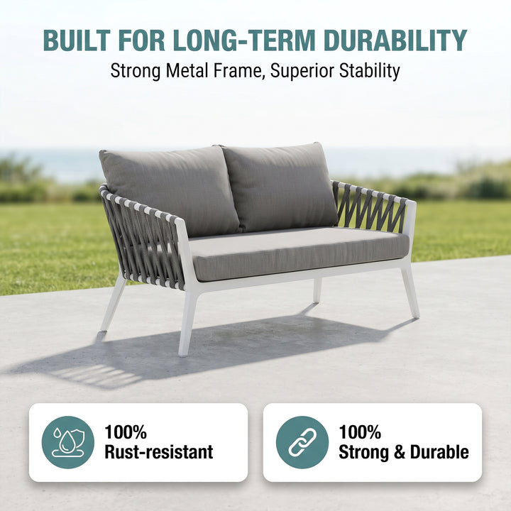 Mazzanti Outdoor Sofa Set 2 Seater , 2 Single seater and 1 Center Table (White + Brown) Braided & Rope