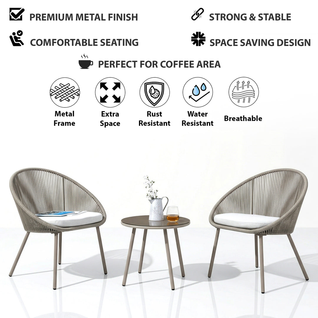 Soma Outdoor Patio Seating Set 2 Chairs and 1 Table Set (Grey) Braided & Rope