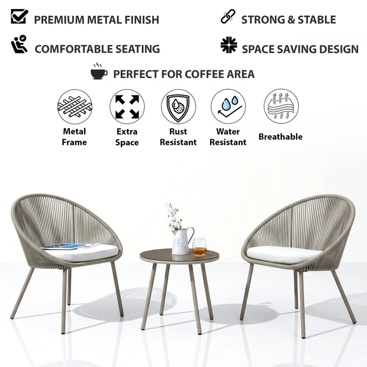 Soma Outdoor Patio Seating Set 2 Chairs and 1 Table Set (Grey) Braided & Rope