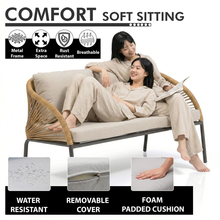 Willa Outdoor Sofa Set 2 Seater , 2 Single seater and 1 Center Table Set (Beige) Braided & Rope