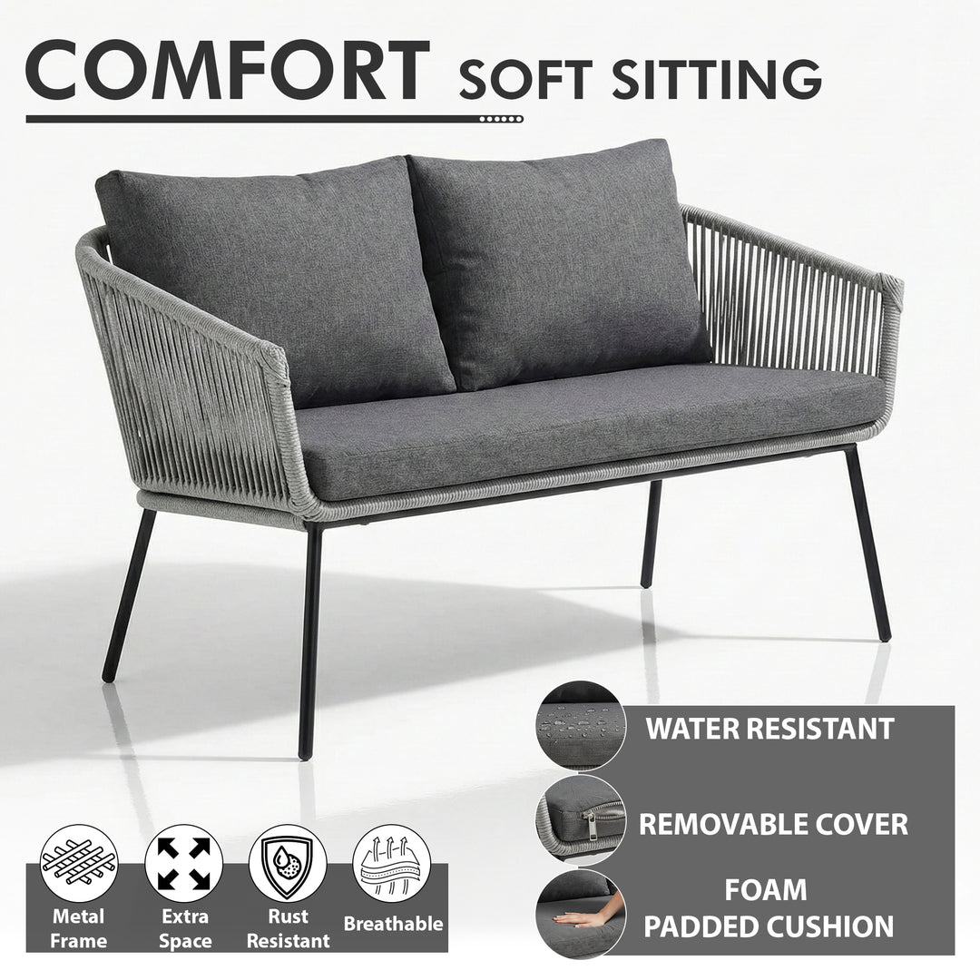 Jara Outdoor Garden Balcony Sofa Set 2 Seater , 2 Single Seater 1 Center Table Set (Grey) Braided and Rope