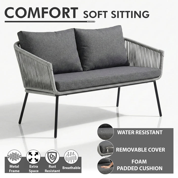 Jara Outdoor Garden Balcony Sofa Set 2 Seater , 2 Single Seater 1 Center Table Set (Grey) Braided and Rope