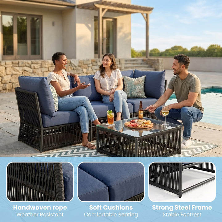 Adán Outdoor Sofa Set 3 Seater and 1 Center Table Set Braided & Rope