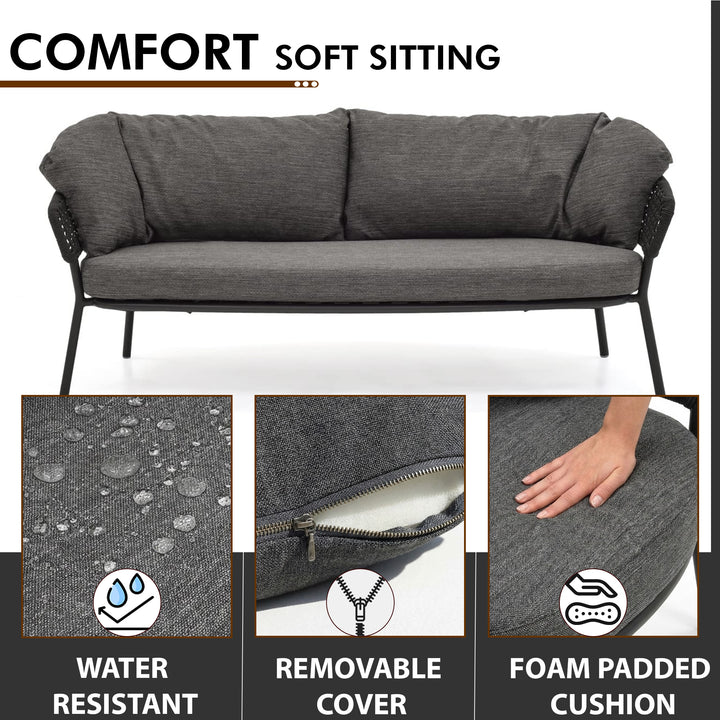 Puff Outdoor Sofa Set 2 Seater , 2 Single seater and 1 Center Table Set (Black) Braided & Rope