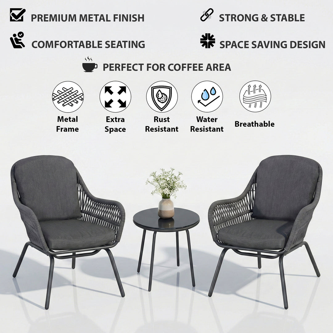 Pillar Outdoor Patio Seating Set 2 Chairs and 1 Table Set (Dark Grey) Braided & Rope