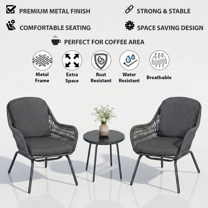 Pillar Outdoor Patio Seating Set 2 Chairs and 1 Table Set (Dark Grey) Braided & Rope
