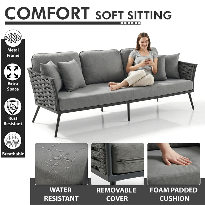 Belly Outdoor Garden Balcony Sofa Set 3 Seater,2 seater and Single Seater With 1 Center Table (Grey) Braid & Rope