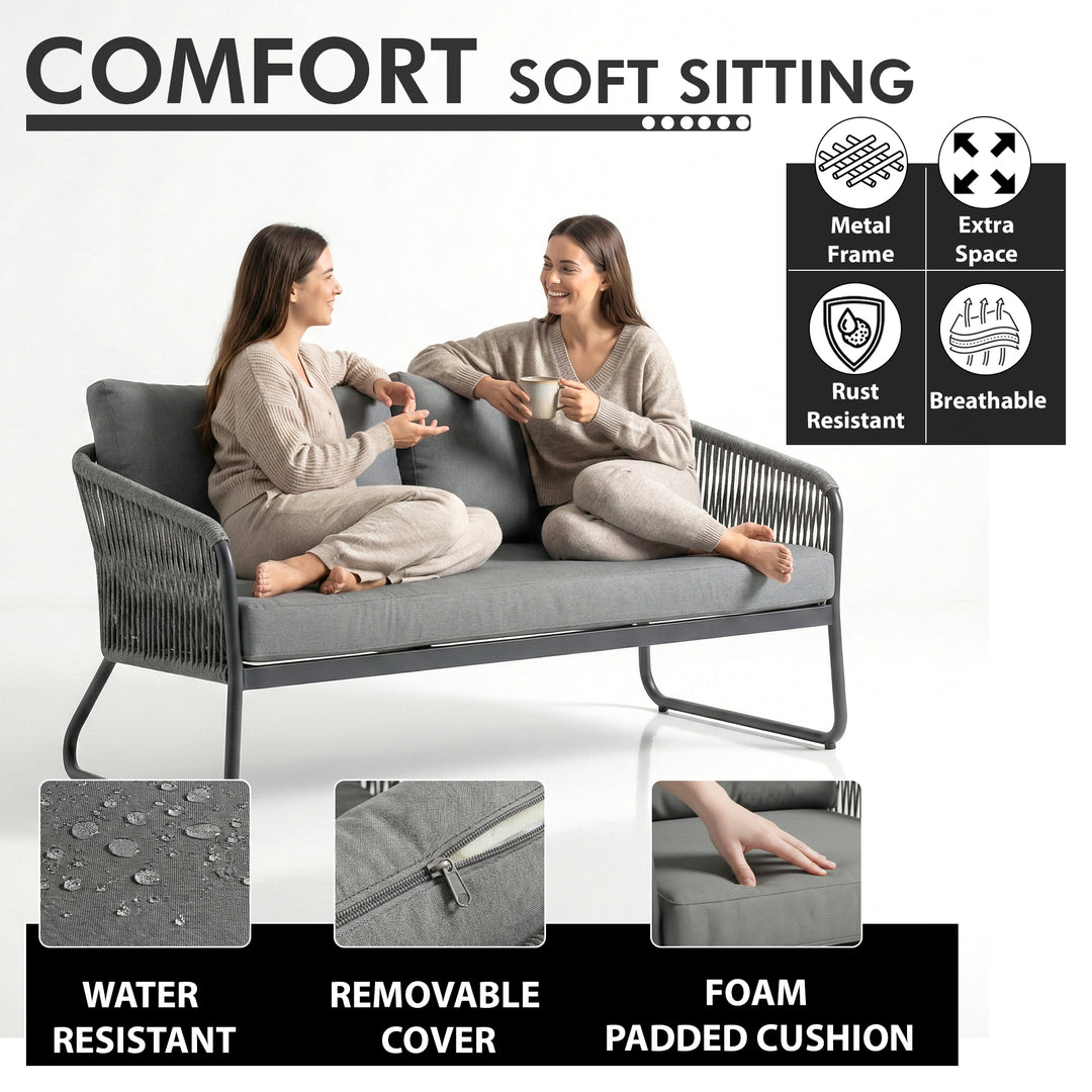 Casu Outdoor Garden Balcony Sofa Set 2 Seater, 2 Single seater and 1 Center Table Set, Braid & Rope (Grey)