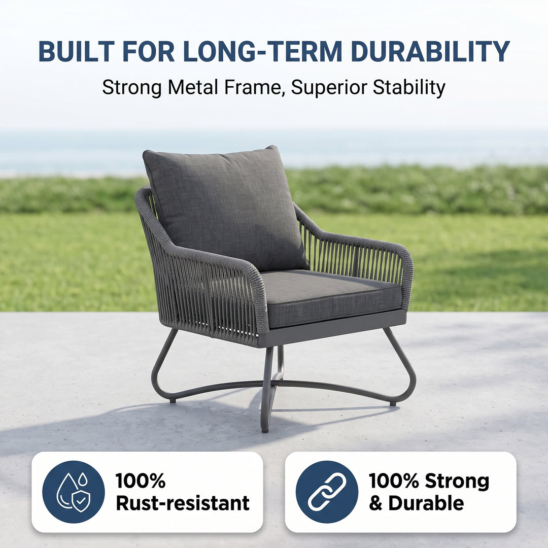 Kismet Outdoor Sofa Set 3 Seater, 2 Single seater and 1 Center Table (Grey) Braided & Rope