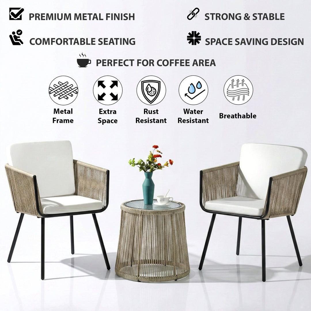 Rapid Outdoor Patio Seating Set 2 Chairs and 1 Table Set (Cream) Braided & Rope